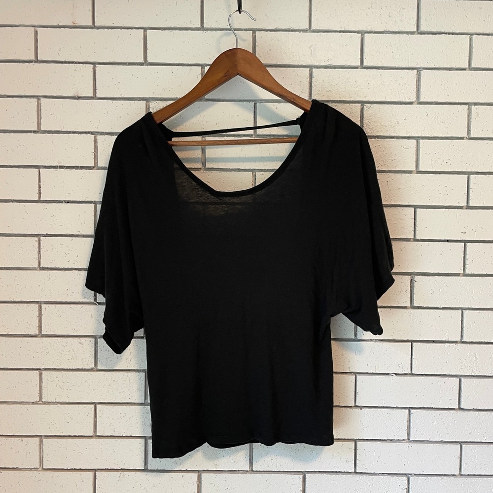 Moda International Black Open Back Strap Top Short Sleeve Cotton Modal XS